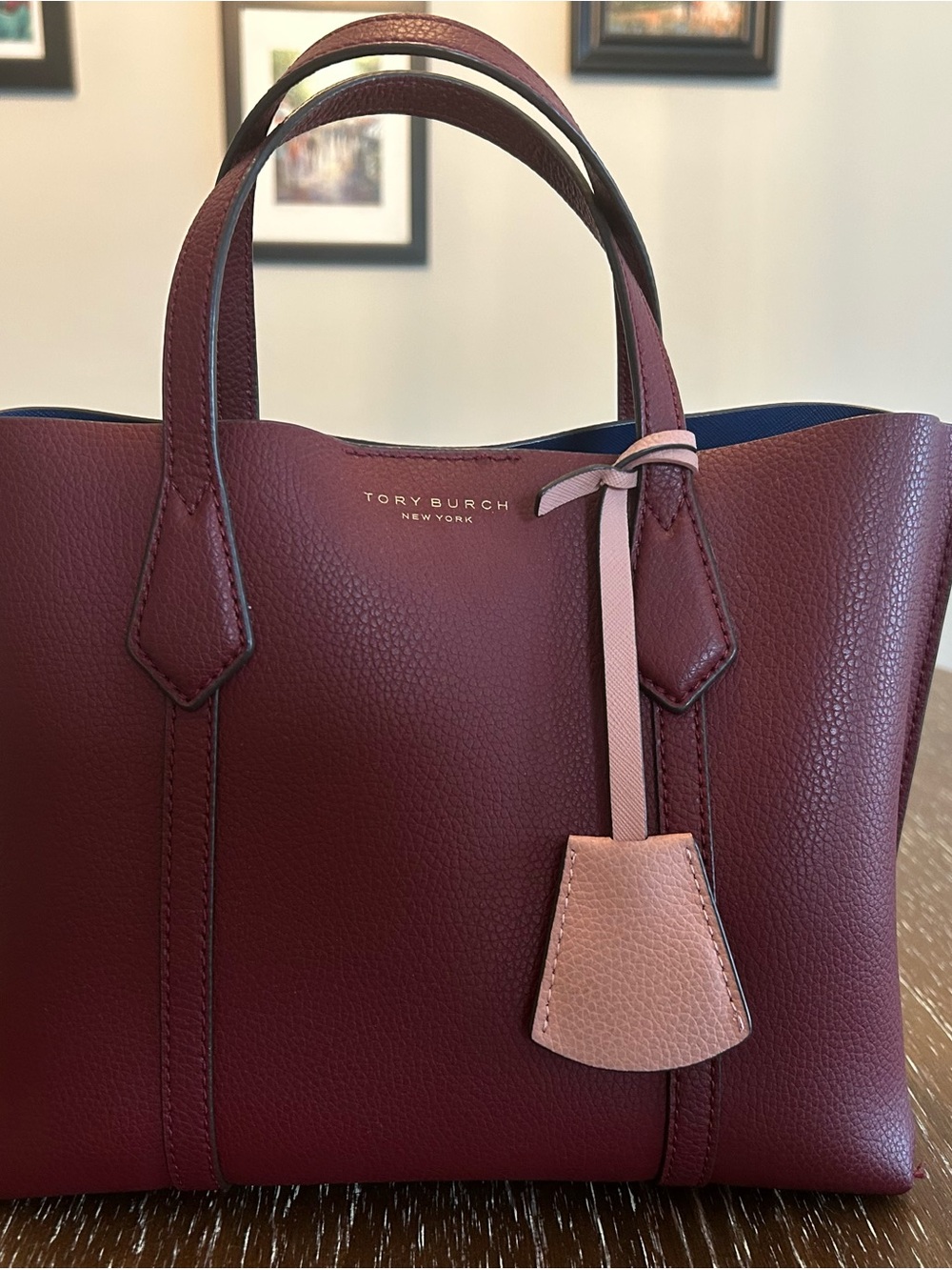 Tory Burch Wine Leather Tote with Pink Tag